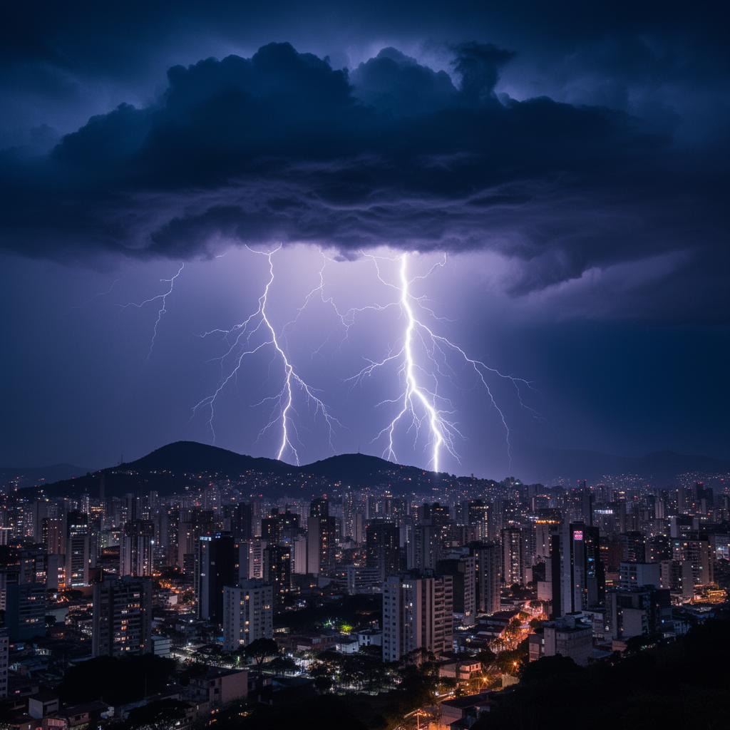 Raios intensos caindo sobre a cidade de Belo Horizonte durante uma tempestade noturna.